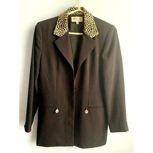 Vintage Renlyn New York Womens Black Long Sleeve Animal Print Collar Blazer Sz 6